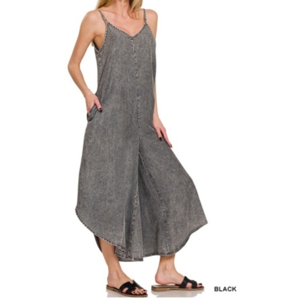 Zenana Lyocell Acid Washed‎ Jumper Black Wide Leg Jumpsuit Sleeveless Large